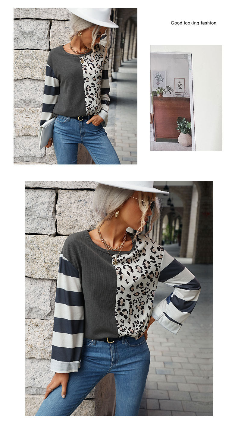 Autumn Winter Women Stitching Long-Sleeved Striped Sweater