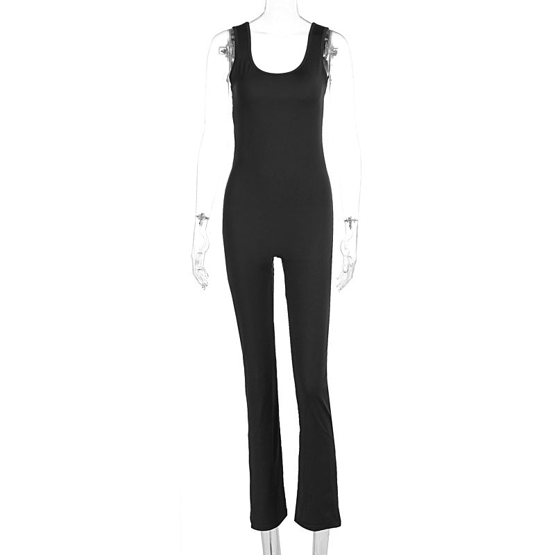 Women Clothing Summer Solid Color Sling Backless Hip Raise Skinny Sports Jumpsuit