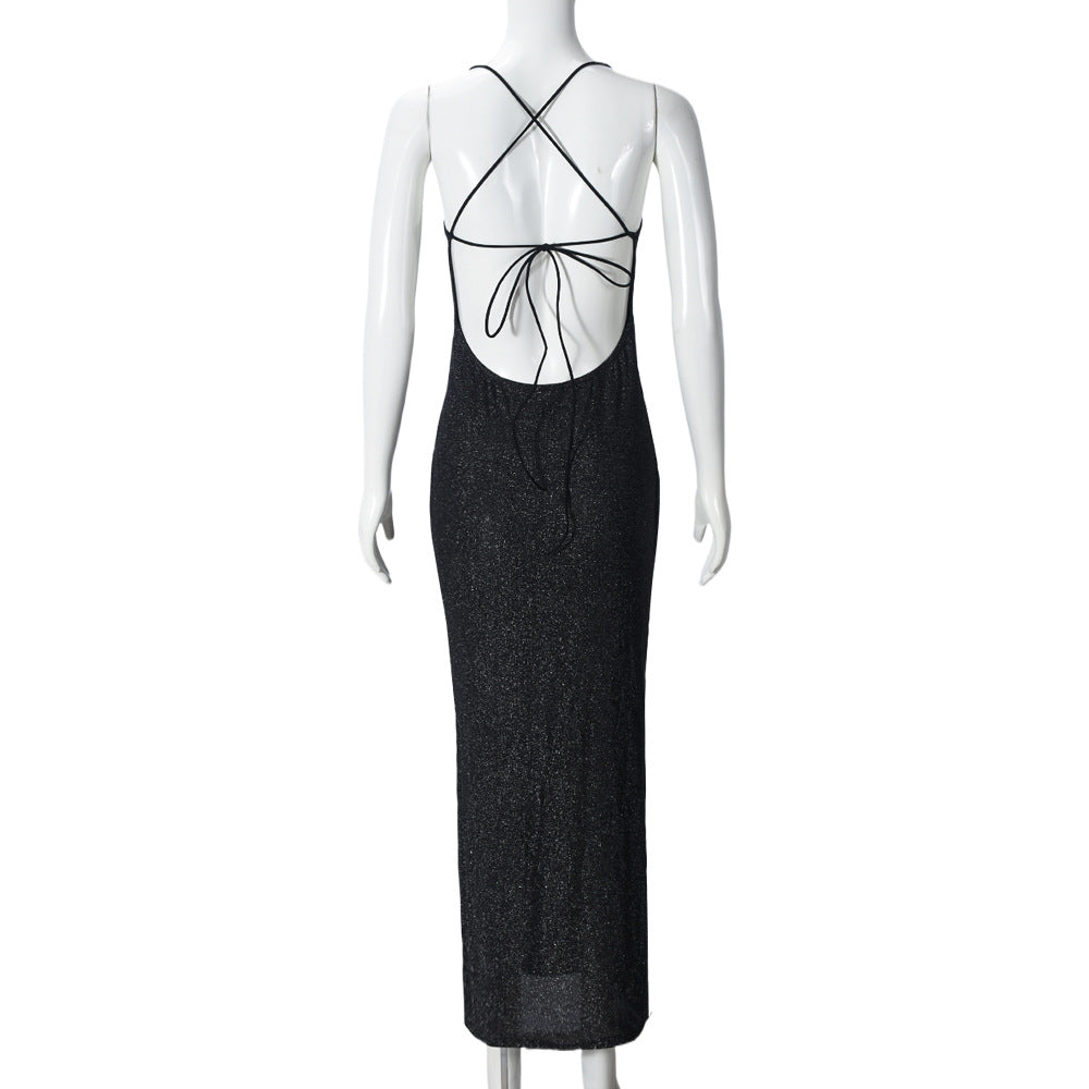 Spring Summer Sexy Women Clothing Maxi Dress off Shoulder Lace up Halterneck Backless Dress Women