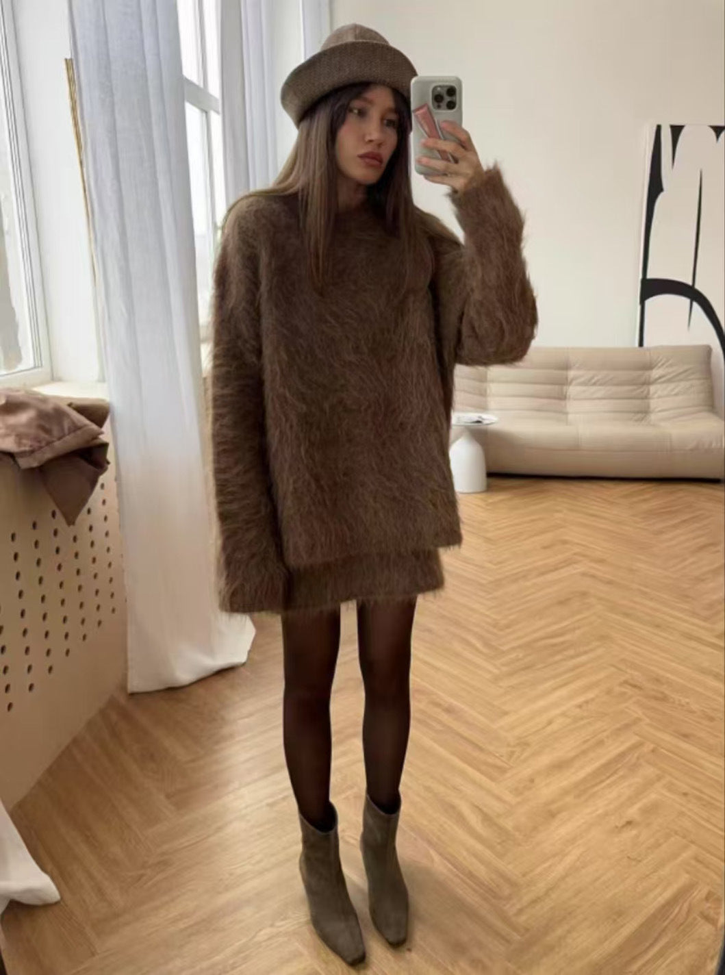 Autumn Winter Lazy Wind Long Wool round Neck Long Sleeve Short Skirt Two Piece Sets