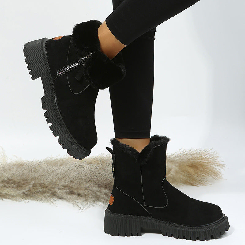 Short Thick Soled round Toe Snow Boots Women Vintage Fleece-Lined Thickening Thermal Cotton Shoes