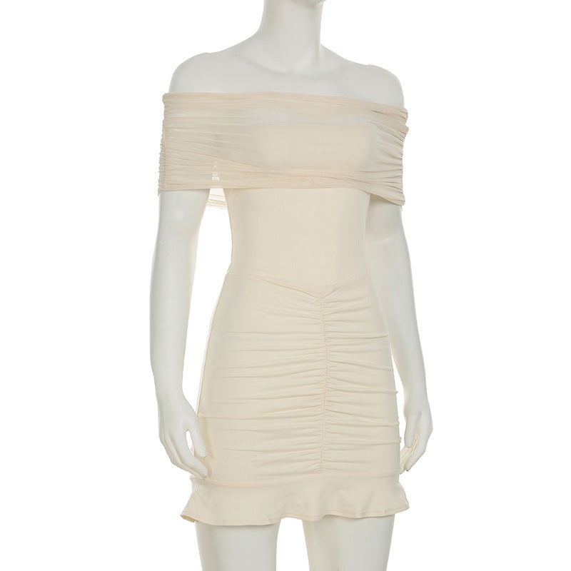 Women Clothing Ruffle Hip Ruffled Mesh Outerwear Strapless Dress Slim Dress