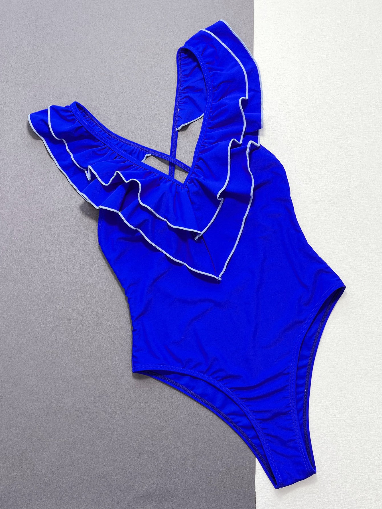 One Piece Swimsuit Women V neck Solid Color Ruffles One Piece Bikini