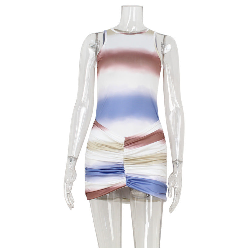 Summer Sleeveless Tie Dyed Contrast Color Slim Fit Figure Dress Hip Wrapped