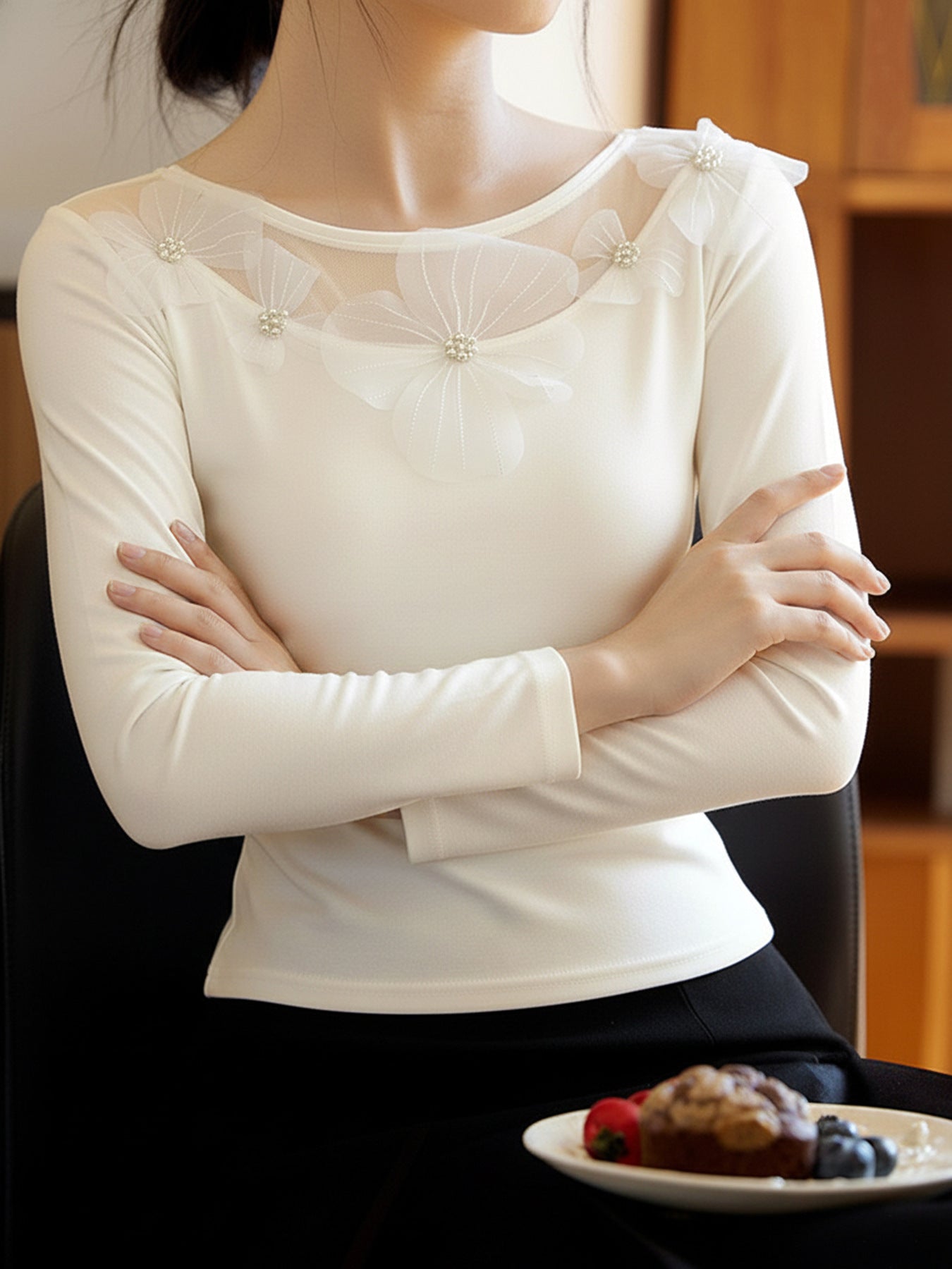 Spring Autumn Elegant Office Slim Fit Three Dimensional Floral Mesh Stitching Solid Color Top Women
