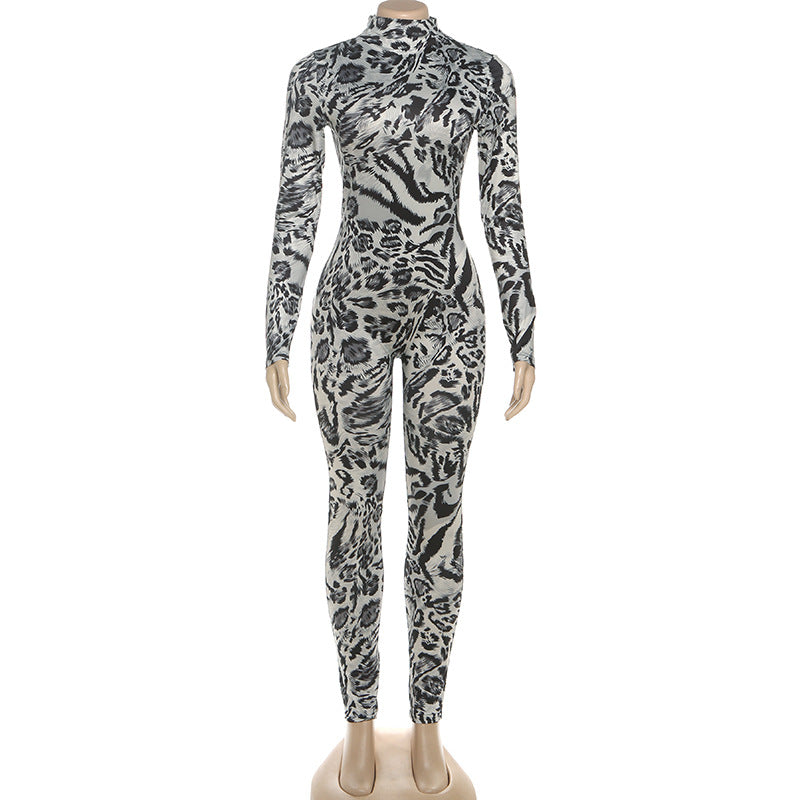 Fall Women Clothing Leopard Print Half Turtleneck Sexy Tight Sexy One Piece Pants