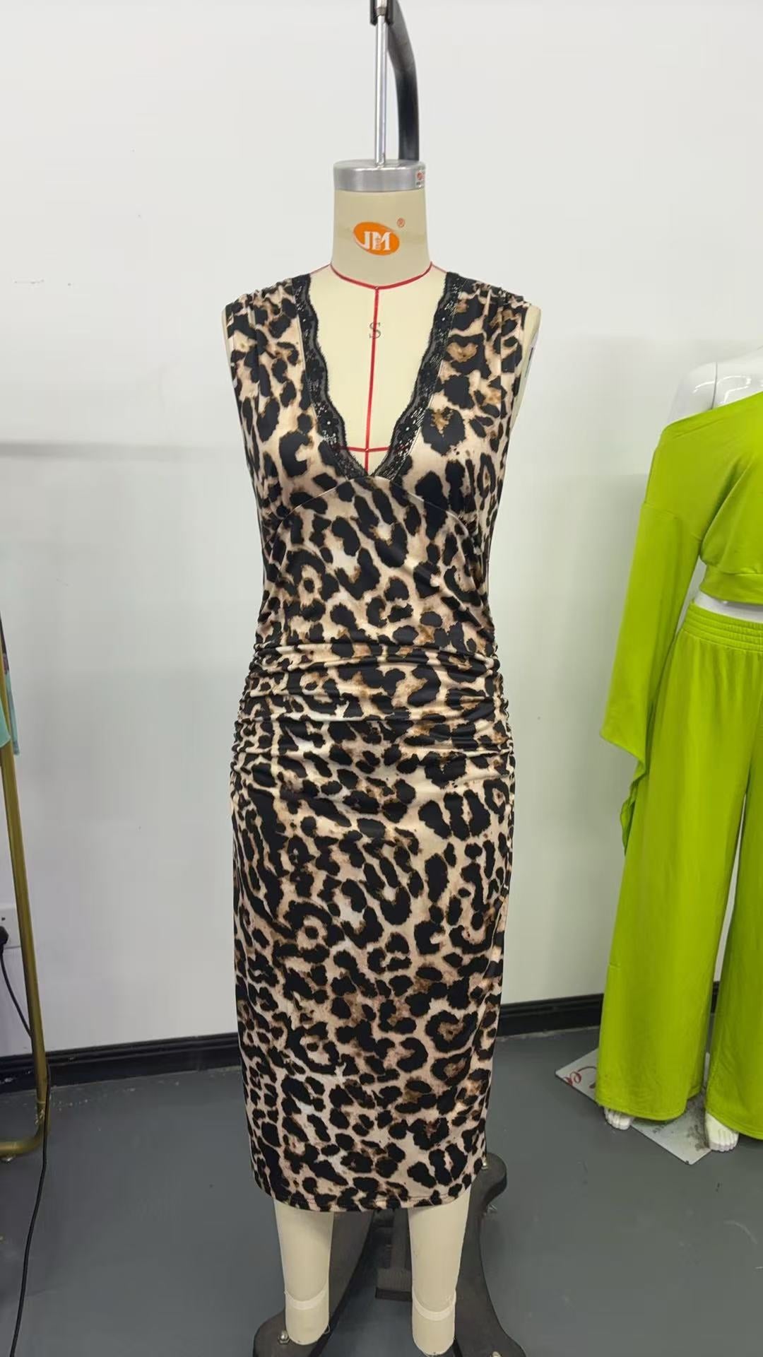 Slim Fit Leopard Print Sleeveless High Waist Sheath Elegant Deep V Plunge neck Dress