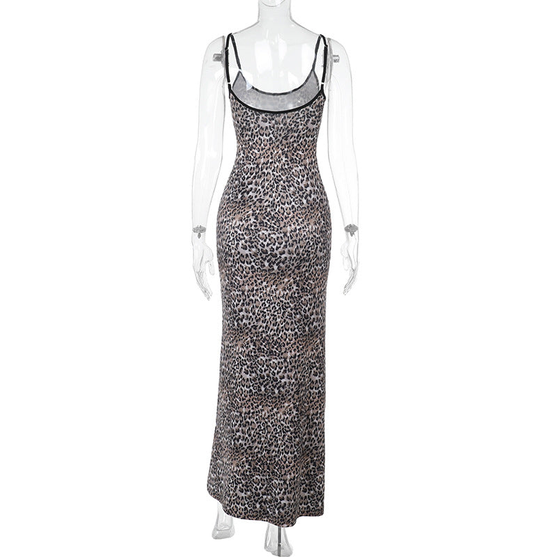 Spring Socialite Elegant Slim Leopard Print Cami Long Dress
