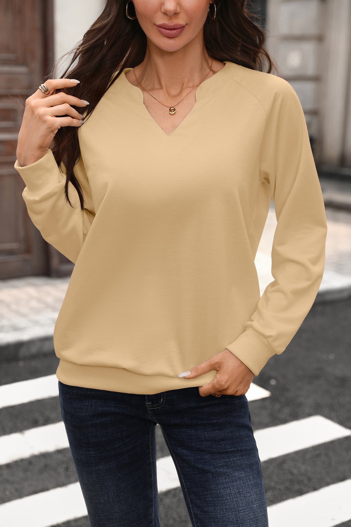 Autumn Winter Solid Color V neck Rib Stitching Loose Long Sleeve Sweatershirt Women