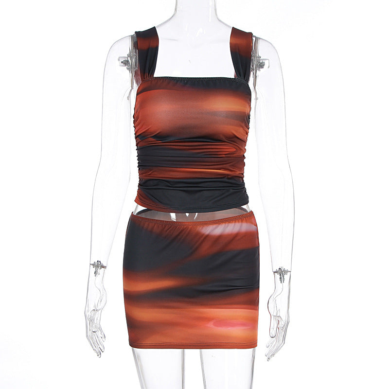 Summer Women Clothing Rainbow Printing Sexy Sling Top Sheath Skirt Two Piece Sets