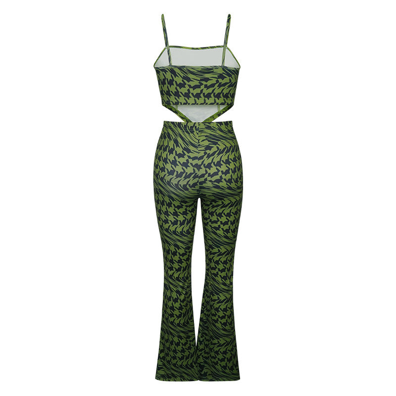 Suit Green Printing Vest Wide Leg Pants Casual Two Piece Suit