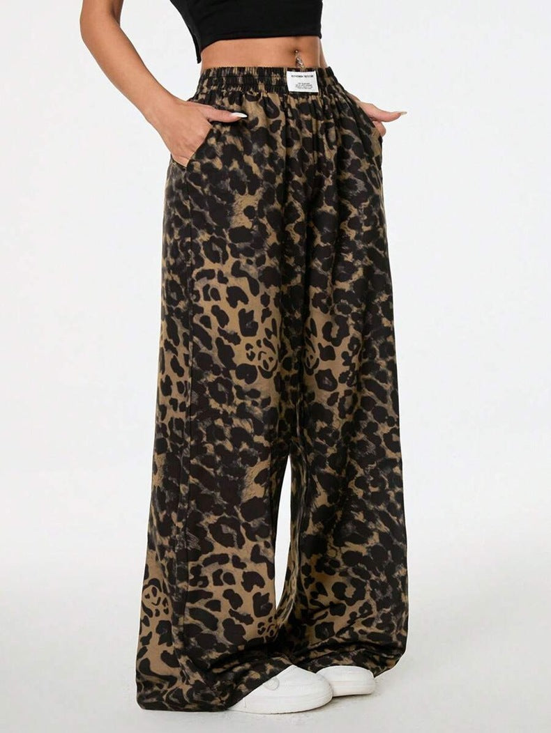Women Winter Leopard Print Casual Pants Loose Elastic Waist Printed Wide Leg Trousers