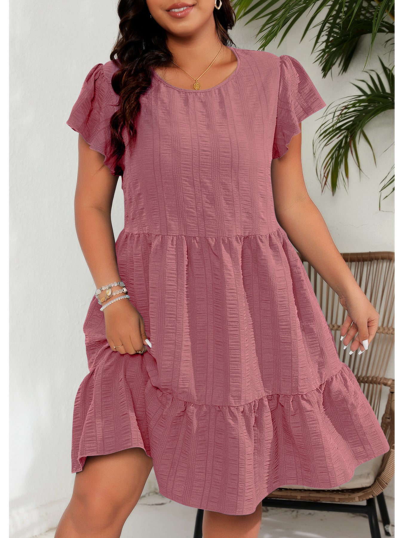 Plus Size round Neck Ruffle Sleeve Waist Tight Vacation Casual Dress