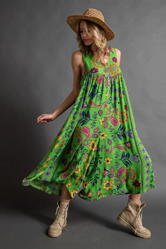 Summer Women Clothing Vintage Printed Loose Sleeveless Jumpsuit