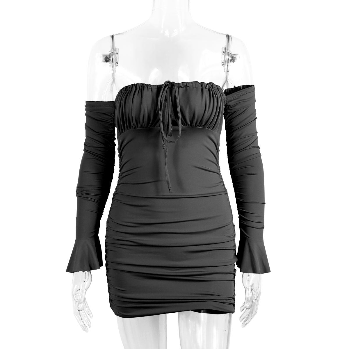 Women Clothing Spring Autumn Sexy Chest Wrapped Dress Chest Lace up Pleated Bell Sleeve Hip