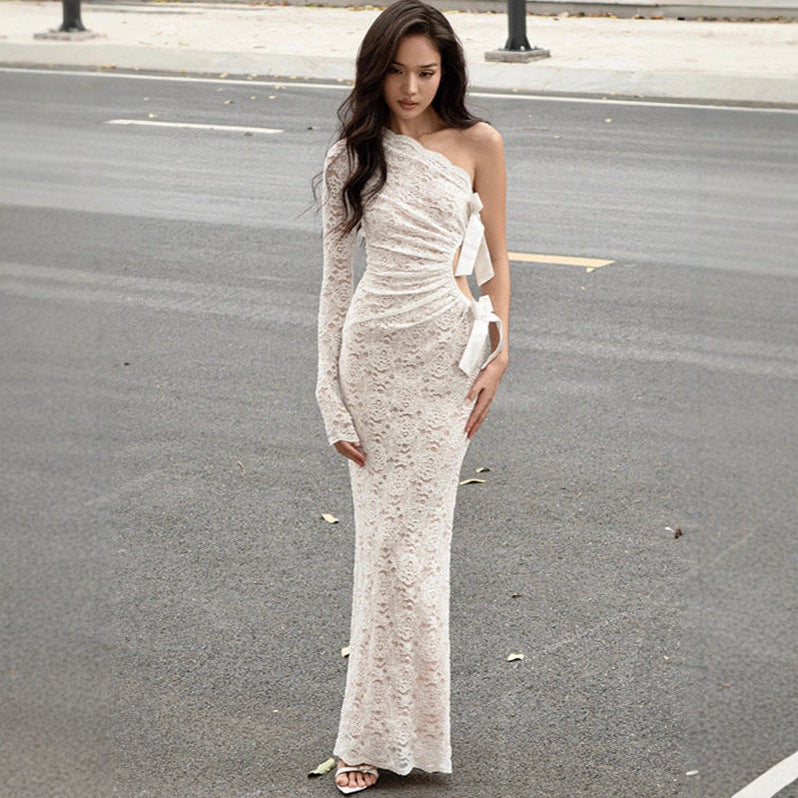 Autumn Winter Sexy Lace Bow Hollow Out Cutout out Long Sleeve One Shoulder Diagonal Collar Dress Women