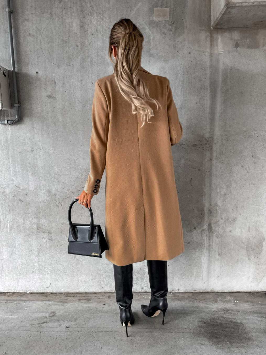 Autumn Winter Women Clothing Long Sleeve Polo Collar Solid Color Double Breasted Slim Fit Coat Overcoat