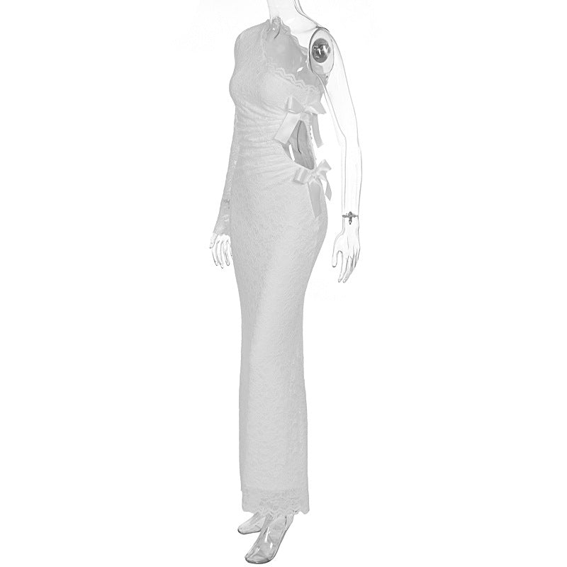Autumn Winter Sexy Lace Bow Hollow Out Cutout out Long Sleeve One Shoulder Diagonal Collar Dress Women