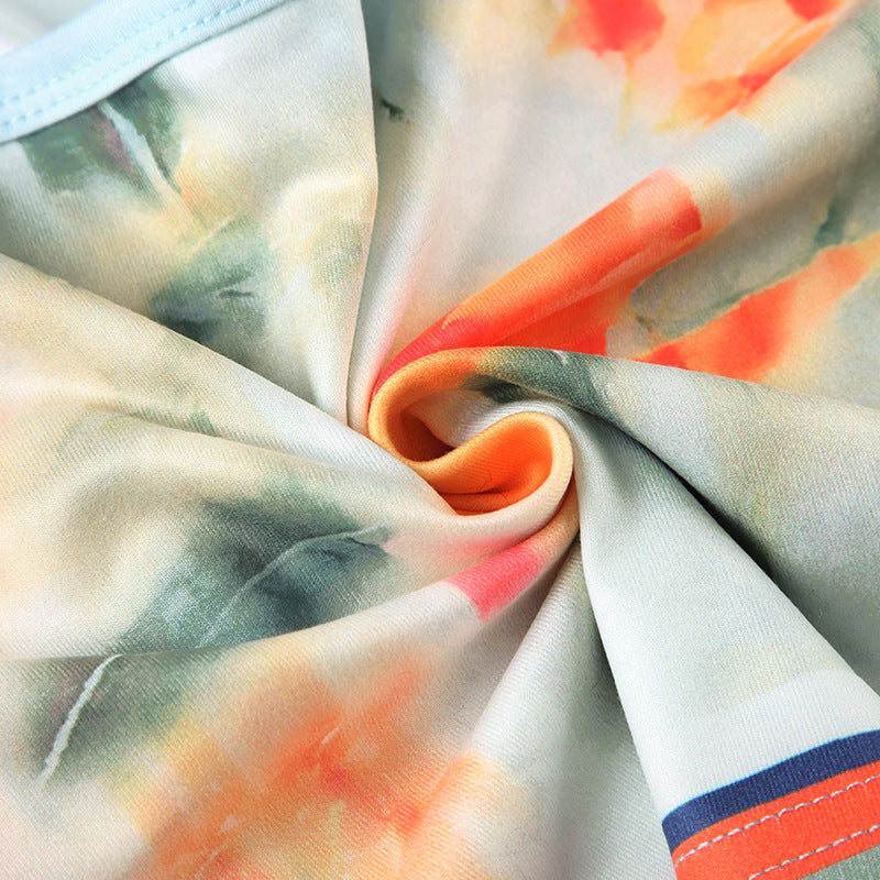 Vacation Skirt Two Piece Retro Sunset Tie Dye Printed Tube Top Dress Sling Mid Length Skirt Set