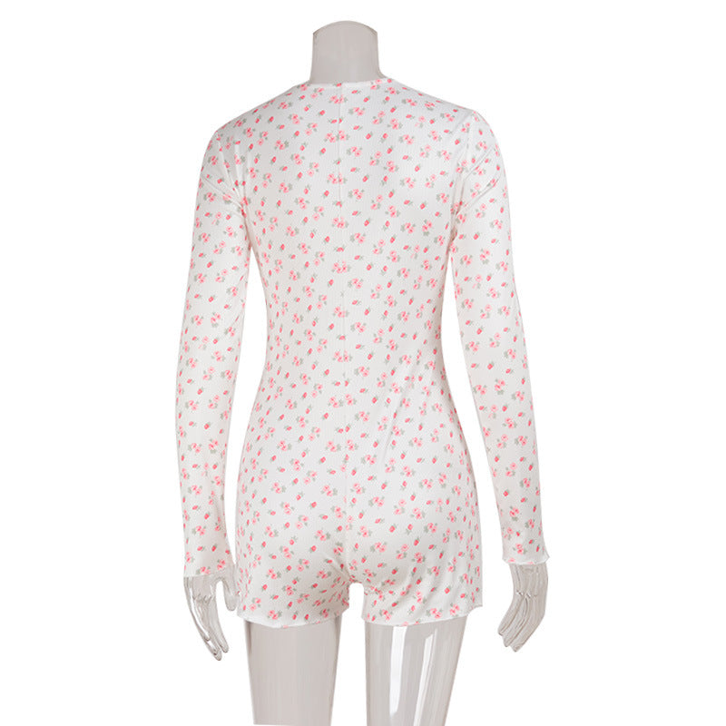 Fall Women Thread Anti Stripe Floral round Neck Long Sleeve Jumpsuit Shorts Women