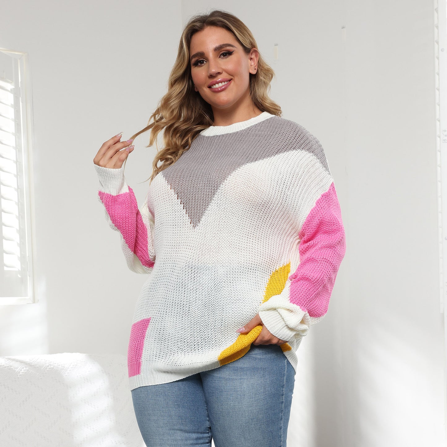 Plus Size Women Clothes Color Contrast Patchwork Loose Casual Pullover Sweater