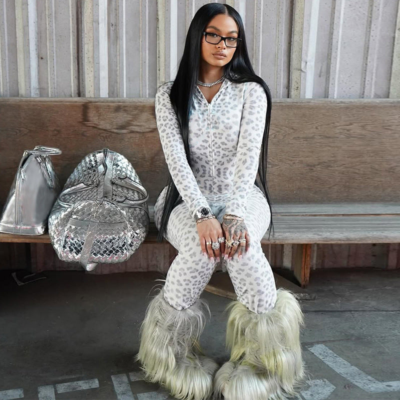 Autumn Winter Women Long Sleeved Leopard Print Flared Pants Zipper Cardigan Slim Fit Bodysuit