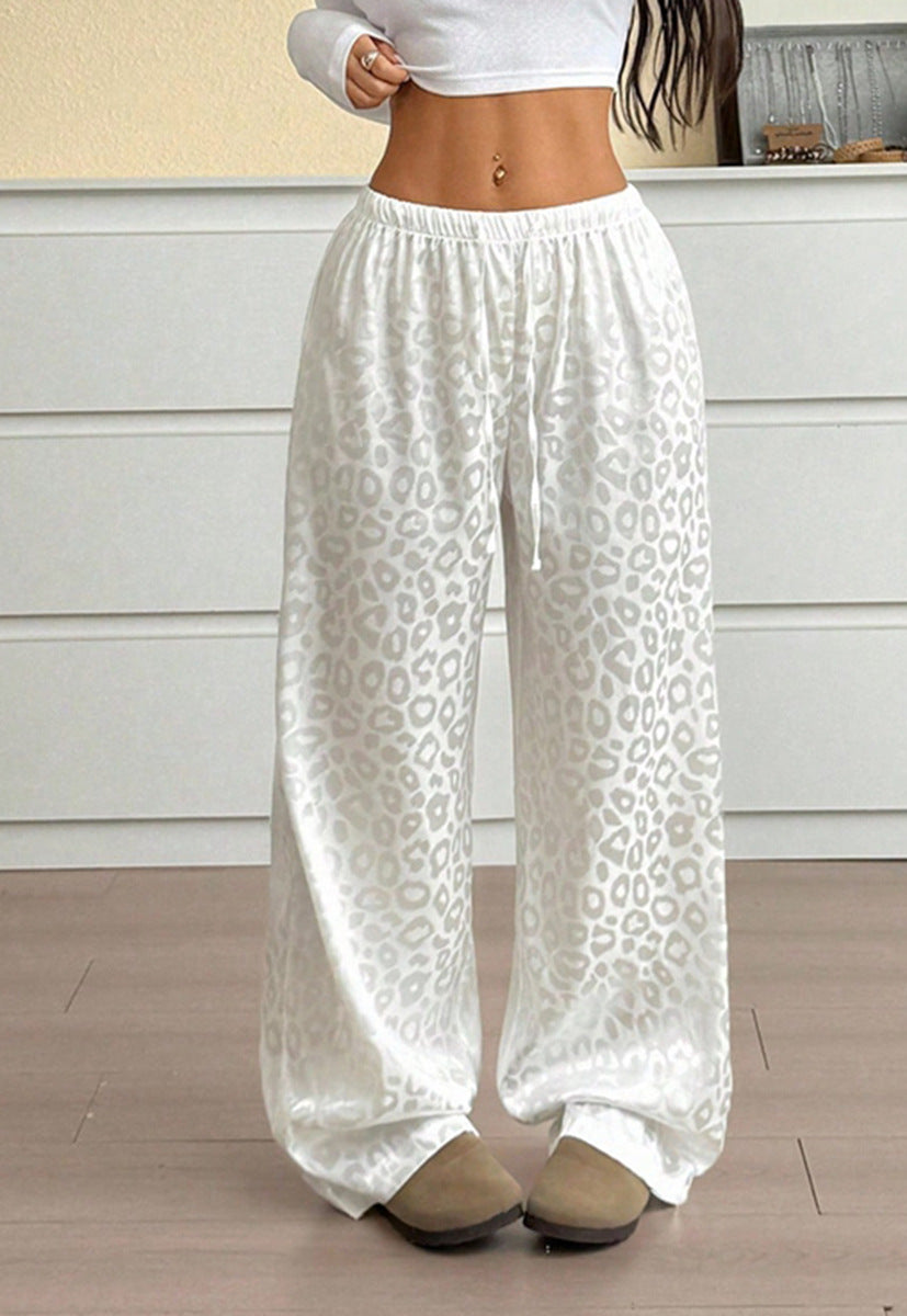 Women Clothing Autumn Satin Casual Pants Drawstring Leopard Print Mop Wide Leg Pants Long Pants