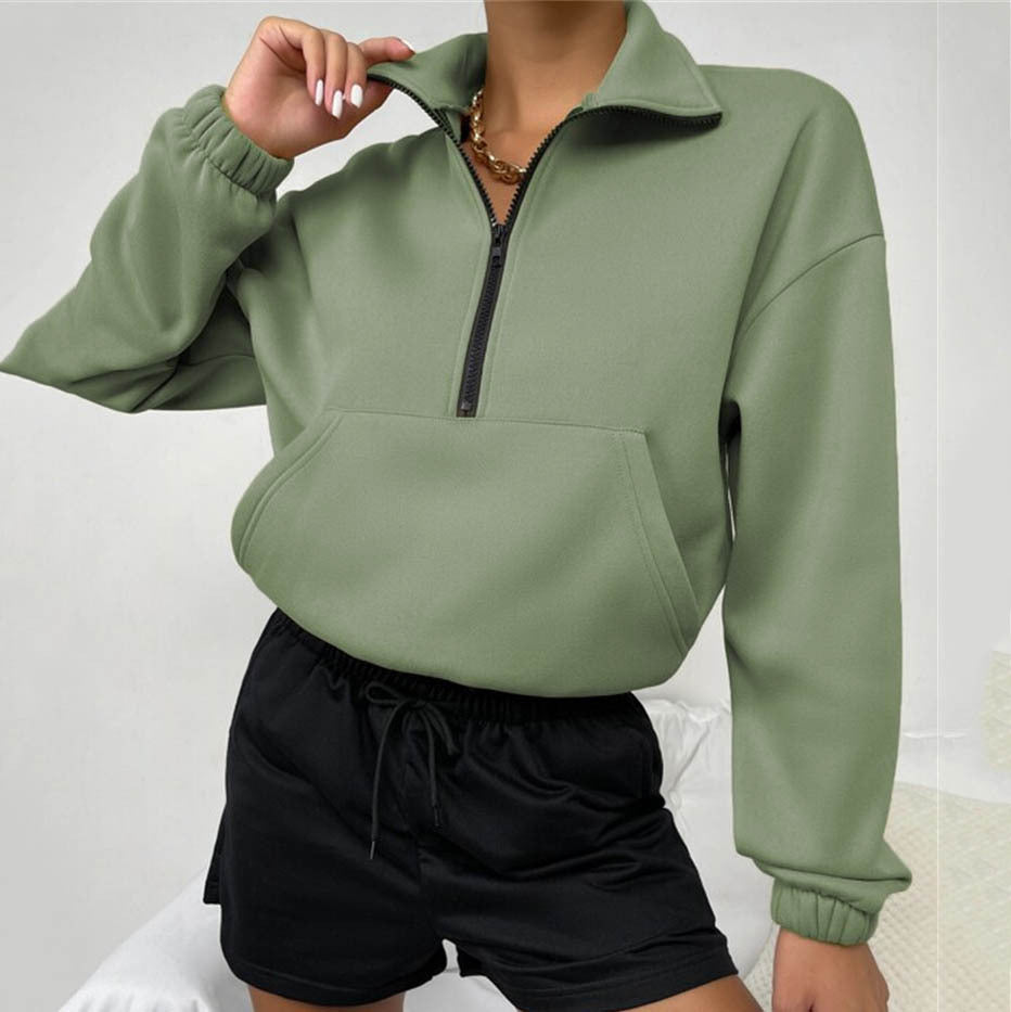 Autumn Women Clothing Loose Zip Collar Long Sleeve Sweatshirt Tops