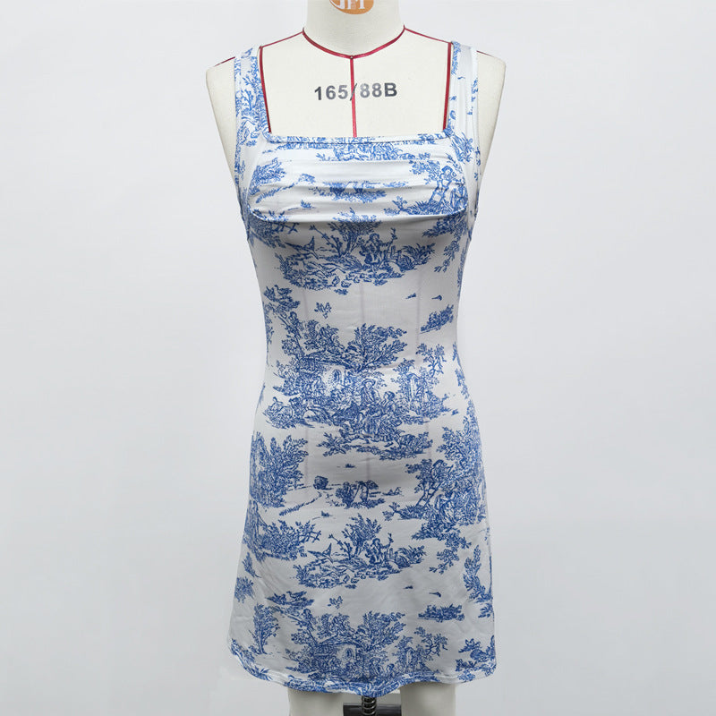 Women Printing Slip Dress Sexy Beach Square Collar Dress