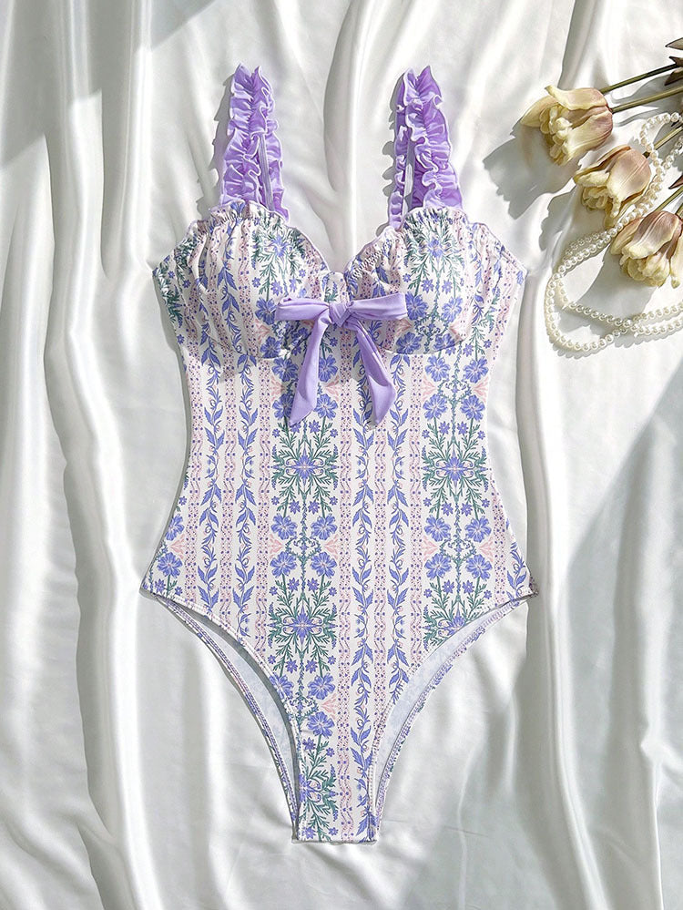 Ruffled Printed One Piece Swimsuit Women Lace up Conservative Bikini Beach Swimsuit