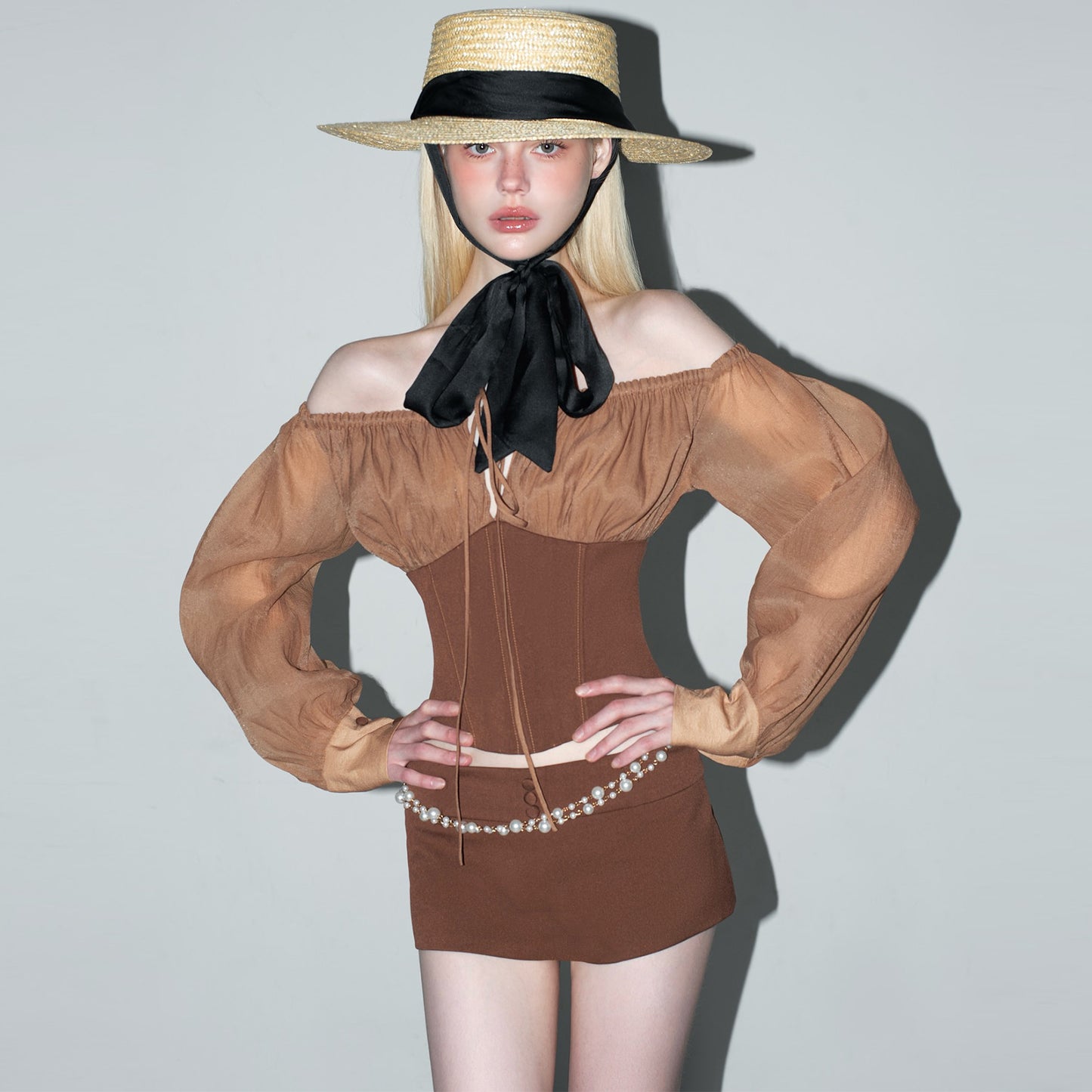 Autumn Sexy off Shoulder Retro Mesh Long Sleeve Top Sheath Skirt Outfit Women