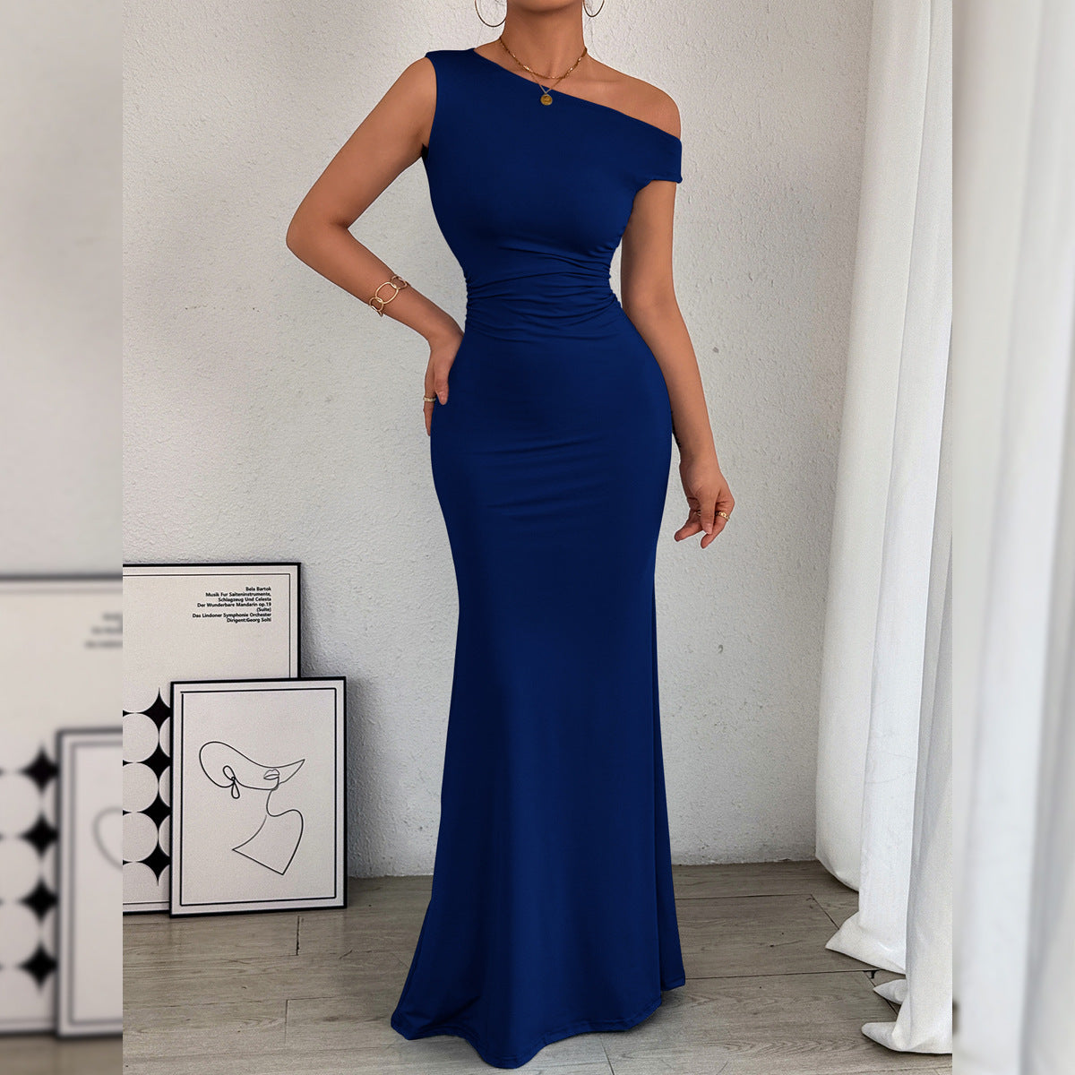 Women Fishtail Dress Slant Shoulder Collar Waist Pleated Sleeveless Sexy Dress