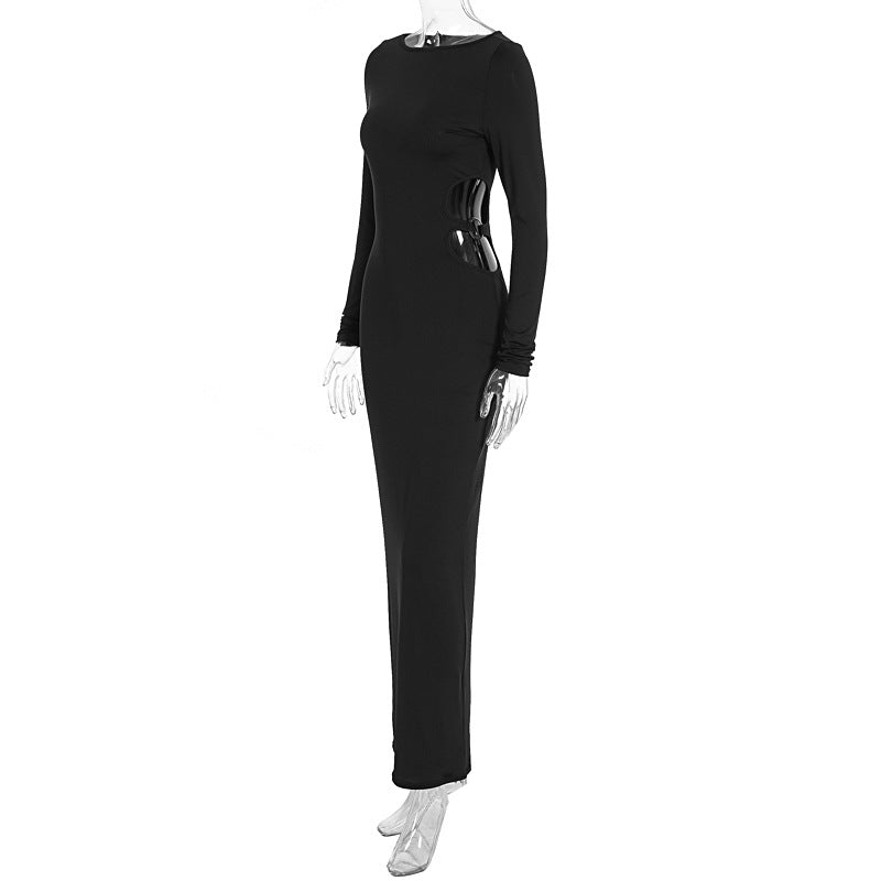 Women Clothing Sexy Hollow Out Cutout round Neck Autumn Long Sleeve Dress
