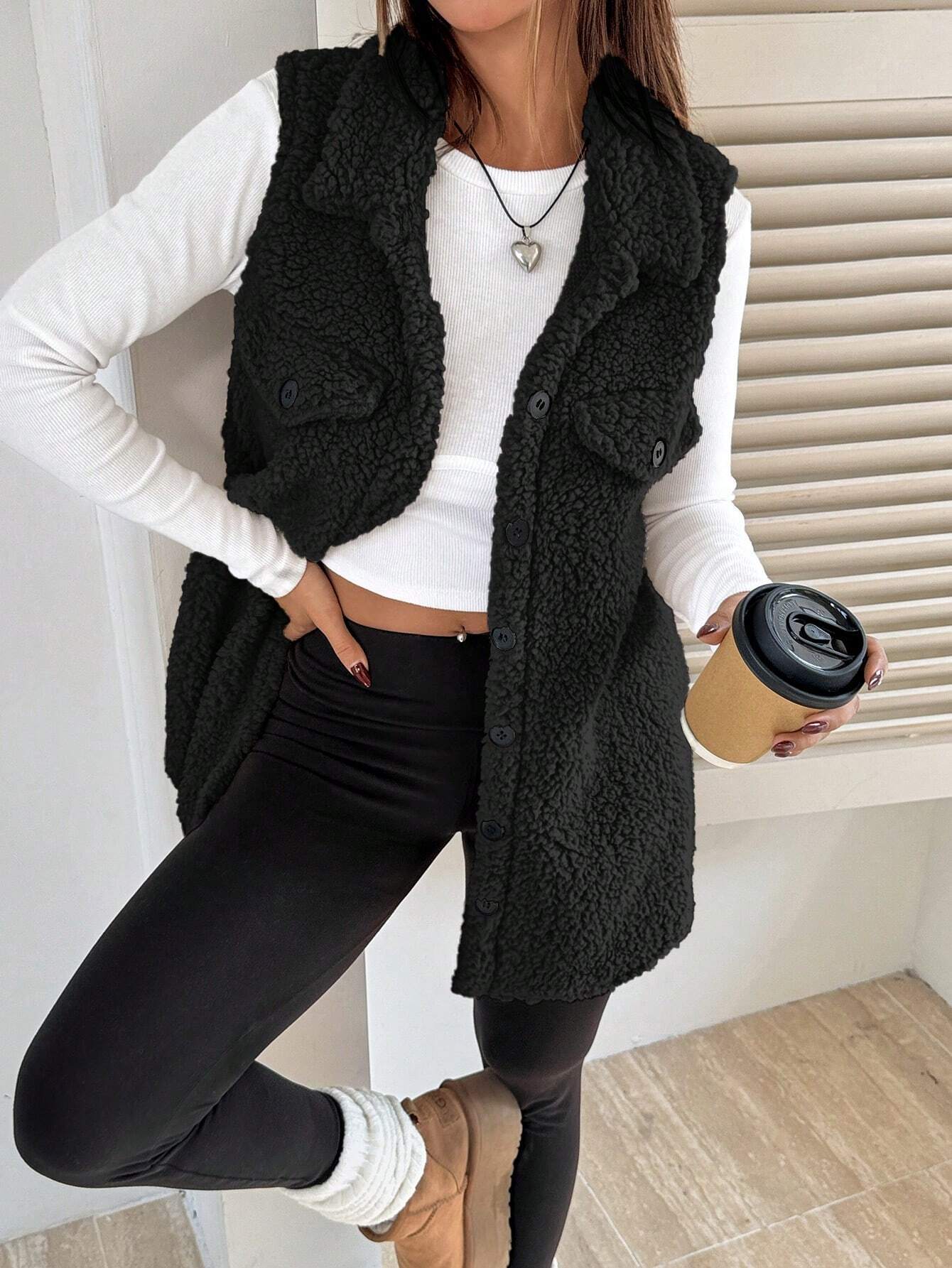 Fall Winter Lapels Open Buckle Plush Vest Cardigan Loose Office Faux Cashmere Women