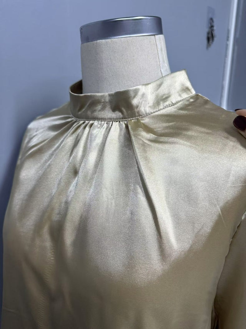 Stand-up Collar Puff Sleeve T shirt Women Satin All Match Long Sleeve Special Women Clothing