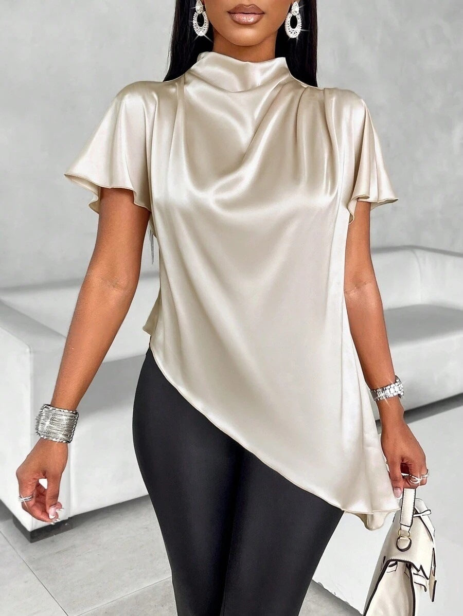 Satin Shirt Autumn Winter Batwing Sleeve Asymmetric Hem Shirt Top
