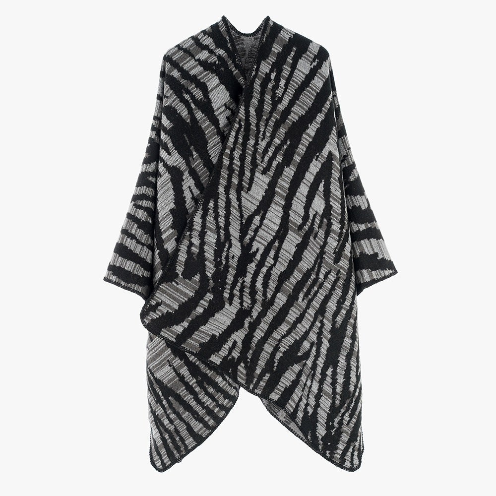Fashionable Striped Shawl Women Autumn Winter Korean Striped Color Matching Zebra Pattern Warm Cashmere like Shawl Trendy