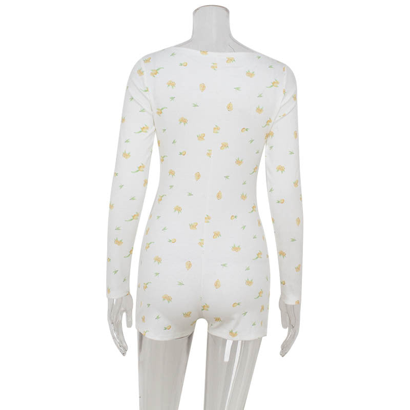 Top Product Women Clothing Long Sleeve Square Neck Printed Slim-Fit Sexy Sexy Romper Women
