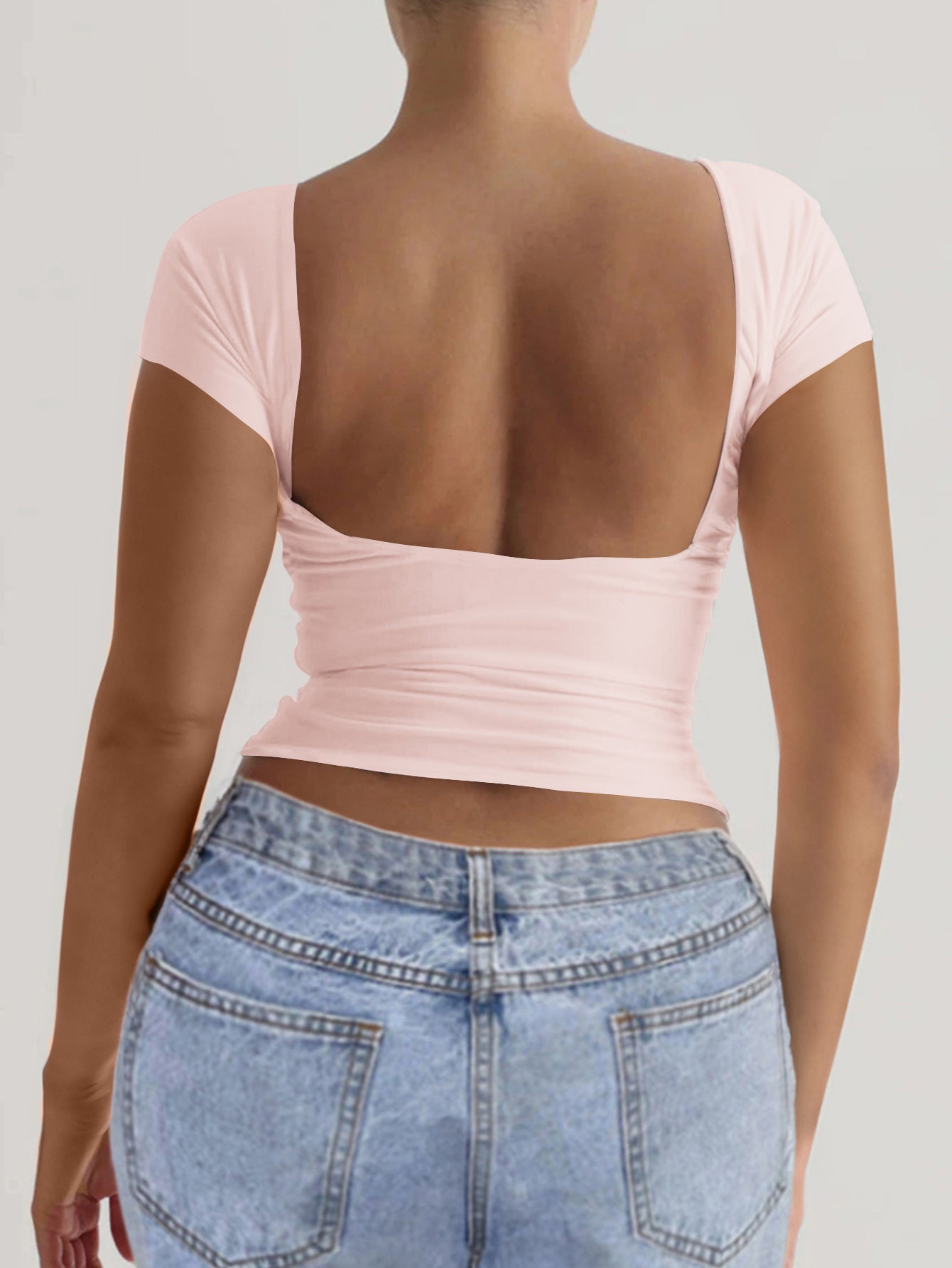 Spring Summer Solid Color round Neck Exposed Back Short Sleeve Sexy Slim Top T shirt Women Clothing