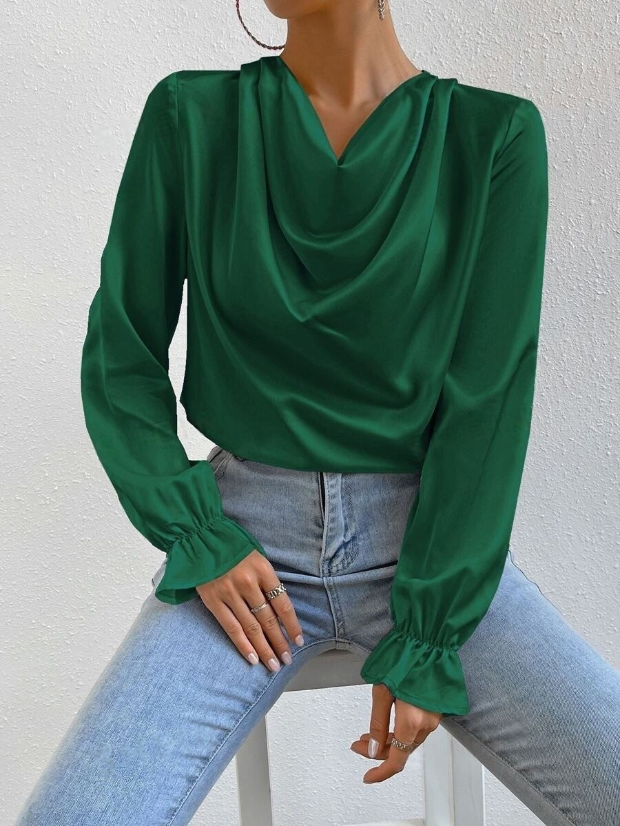 Women Clothing Ruffled Sleeve Satin Shirt Autumn Arrival Long Sleeve Satin Shirt