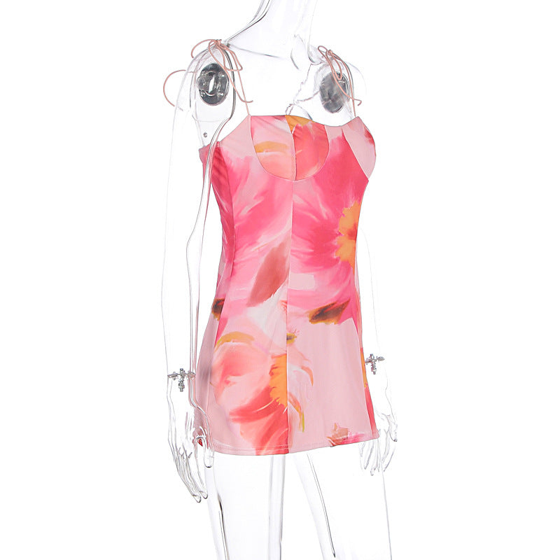 Summer Sexy Printing Lace up Backless Waist Slimming Sheath Dress