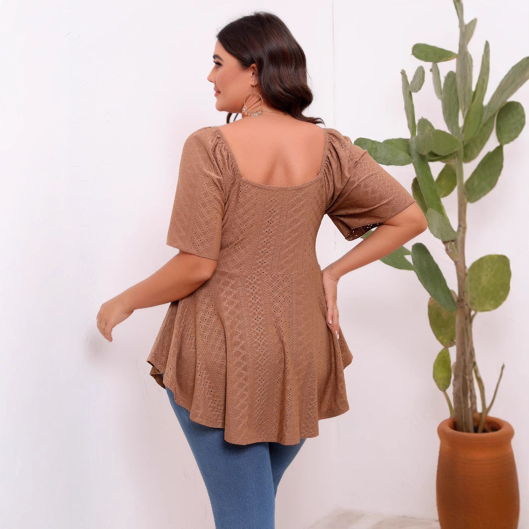 Plus Size Solid Color Hollow Out Cutout-out Front Chest Twisted Waist V-neck Short Sleeve Large Swing Top