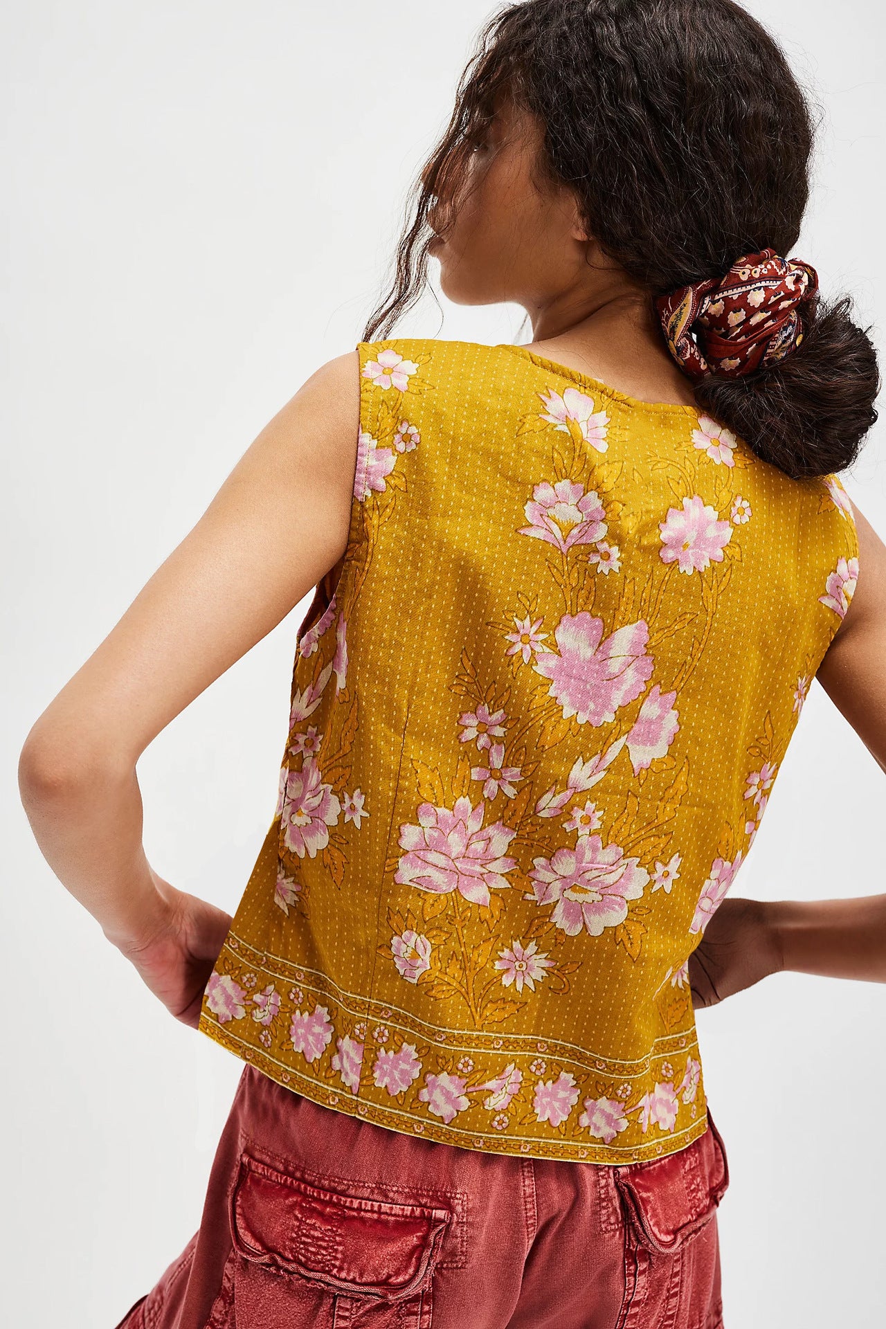 Women Tops Vintage Print Lace up Loose Ladies Vest