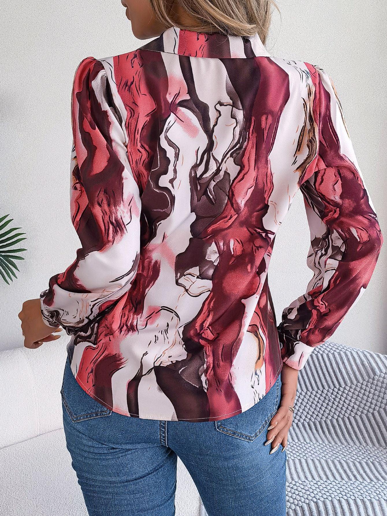 Autumn Winter Casual Contrast Color Striped Collar Long Sleeve Shirt Women Clothing