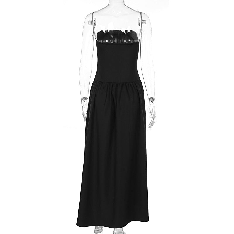 Women Clothing Summer Wrapped Chest Sexy Slimming Beam Waist Pleated A line Dress