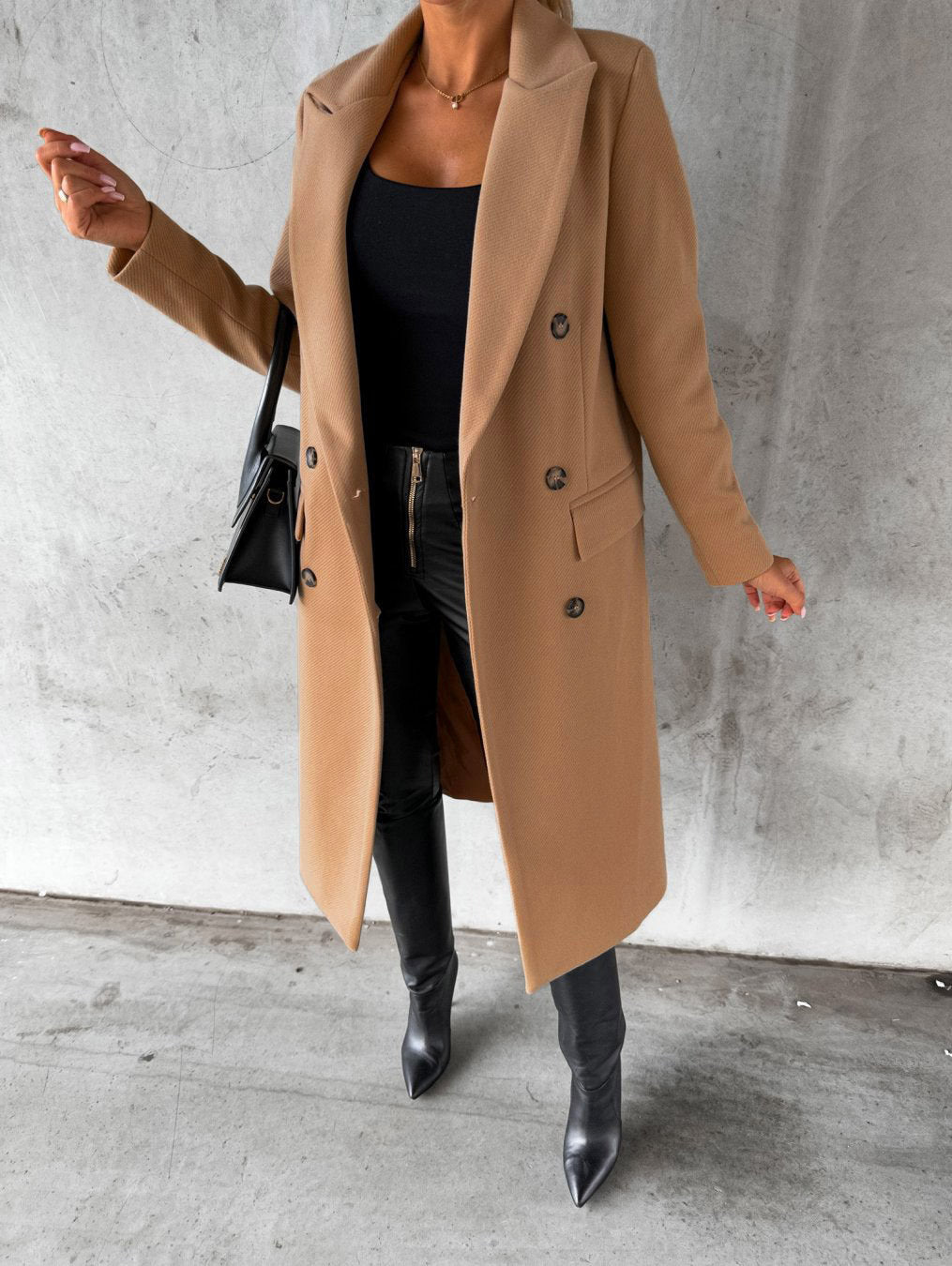 Autumn Winter Women Clothing Long Sleeve Polo Collar Solid Color Double Breasted Slim Fit Coat Overcoat