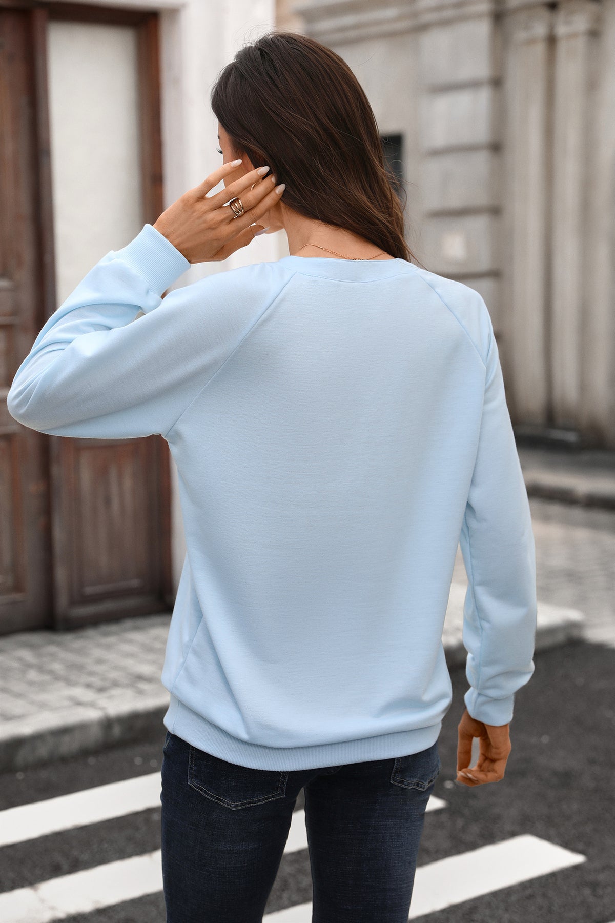 Autumn Winter Solid Color V neck Rib Stitching Loose Long Sleeve Sweatershirt Women