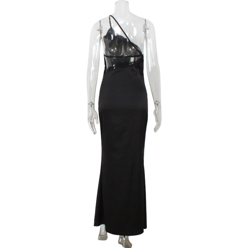 Women Slim Fit Elegant Diagonal Collar Strap Backless Solid Color Mop Evening Dress Women