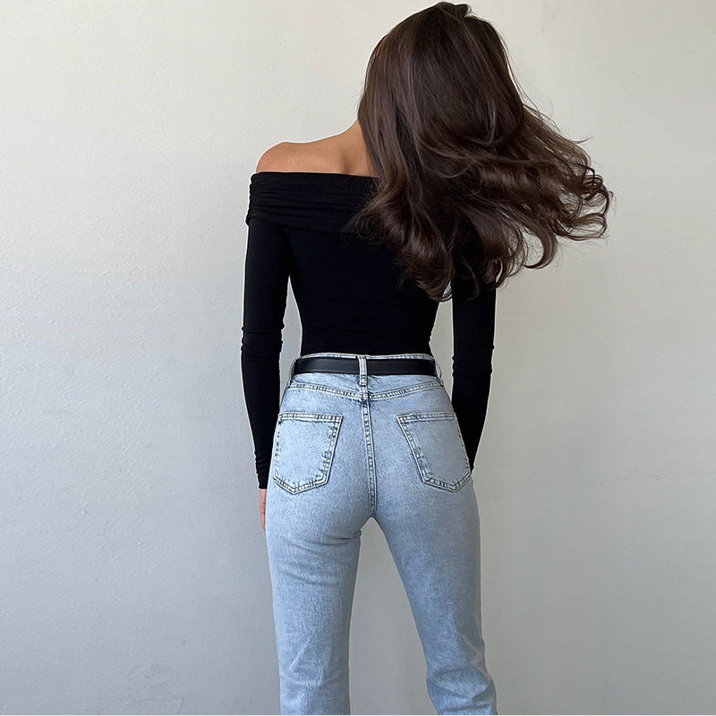 Women Clothing Popular Sexy off the Shoulder Long Sleeve Cross Pleated Slim High Waist Cold Shoulder Elegant Jumpsuit