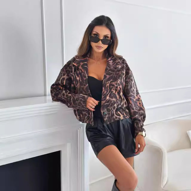 Women Clothing Autumn Winter Leopard Print Small One Button Long Sleeve Short Coat